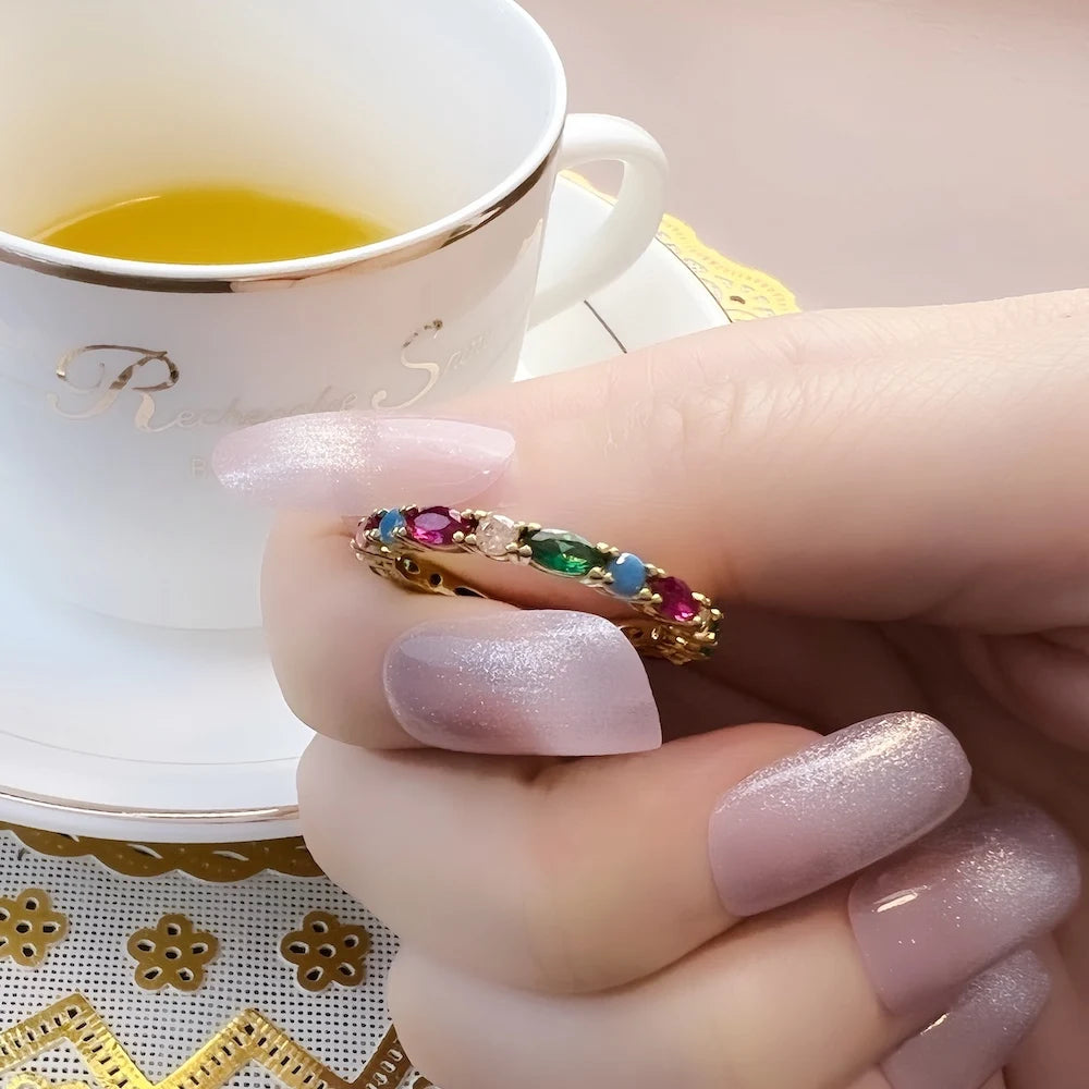 Gold Color Colorful Stones Ring Europe Style Glam Fine Jewerly For Women Gift In 925 Sterling Silver