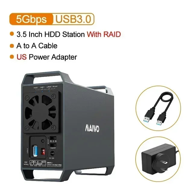 MAIWO 3.5" Dual Bay SATA HDD Hard Drive Enclosure with Cooling Fan for 4 Raid Modes USB 3.0 5Gbps 48TB Capacity Aluminum Alloy