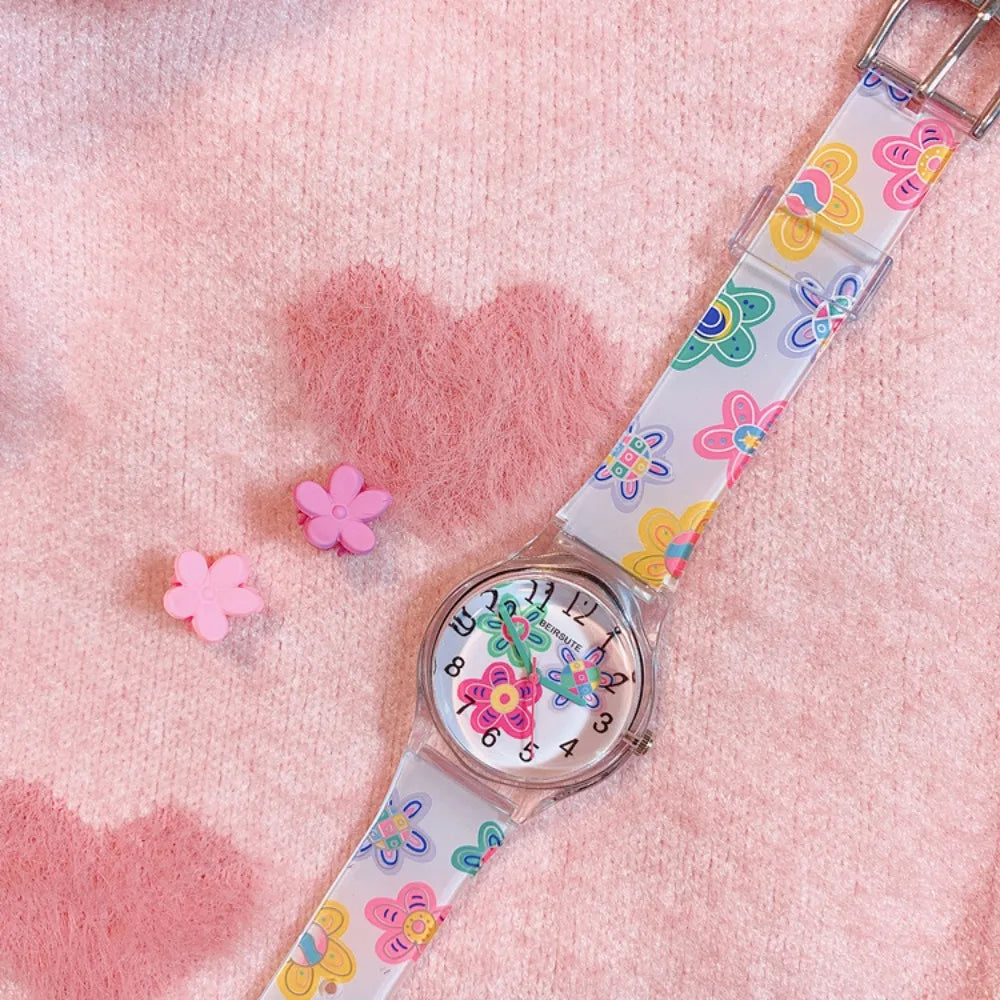 New Fashion Colorful Flower Watch for Girl Women Cute Cartoon Kids Watches Silicone Quartz Candy Color Children Wristwatch Clock