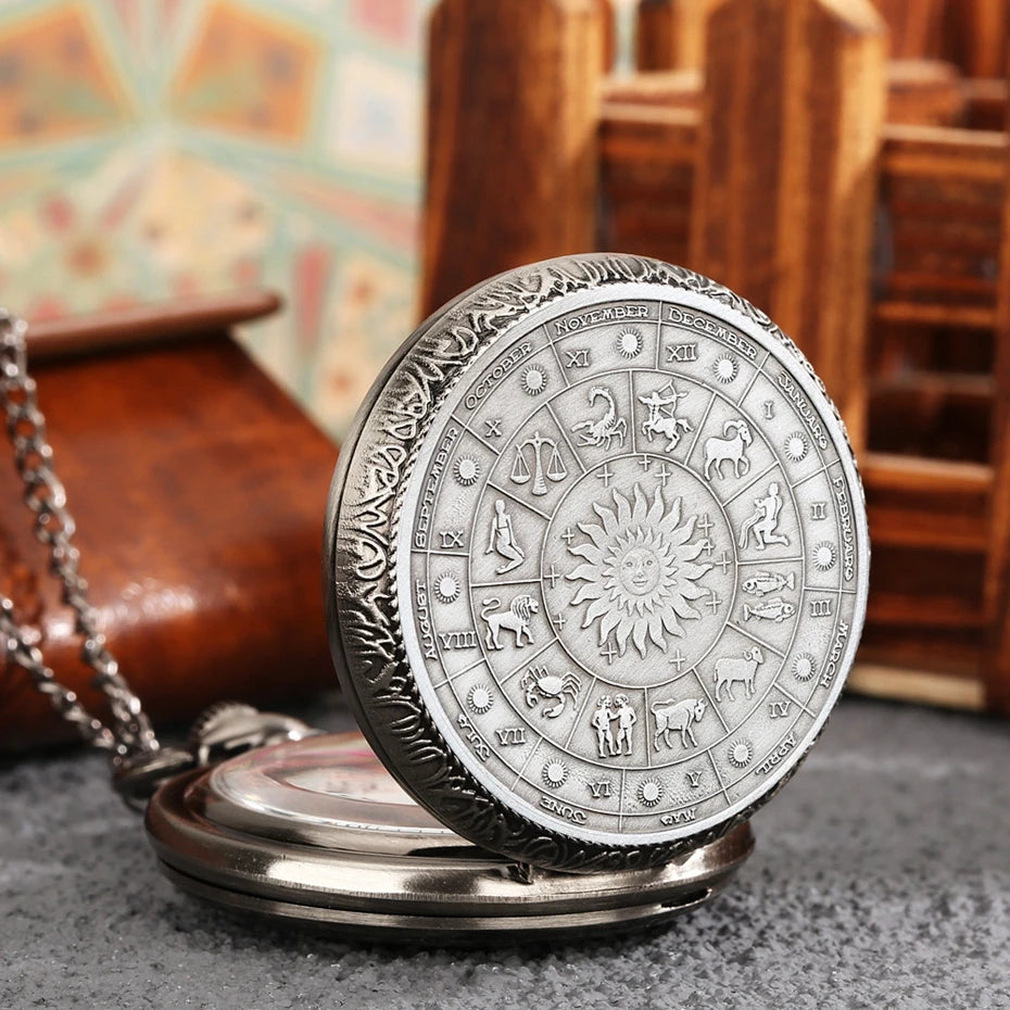 Retro Gray 12 Constellations Astrology Pattern Quartz Pocket Watch Necklace Chain Birthday Gifts Pendant Watch for Friend Unisex