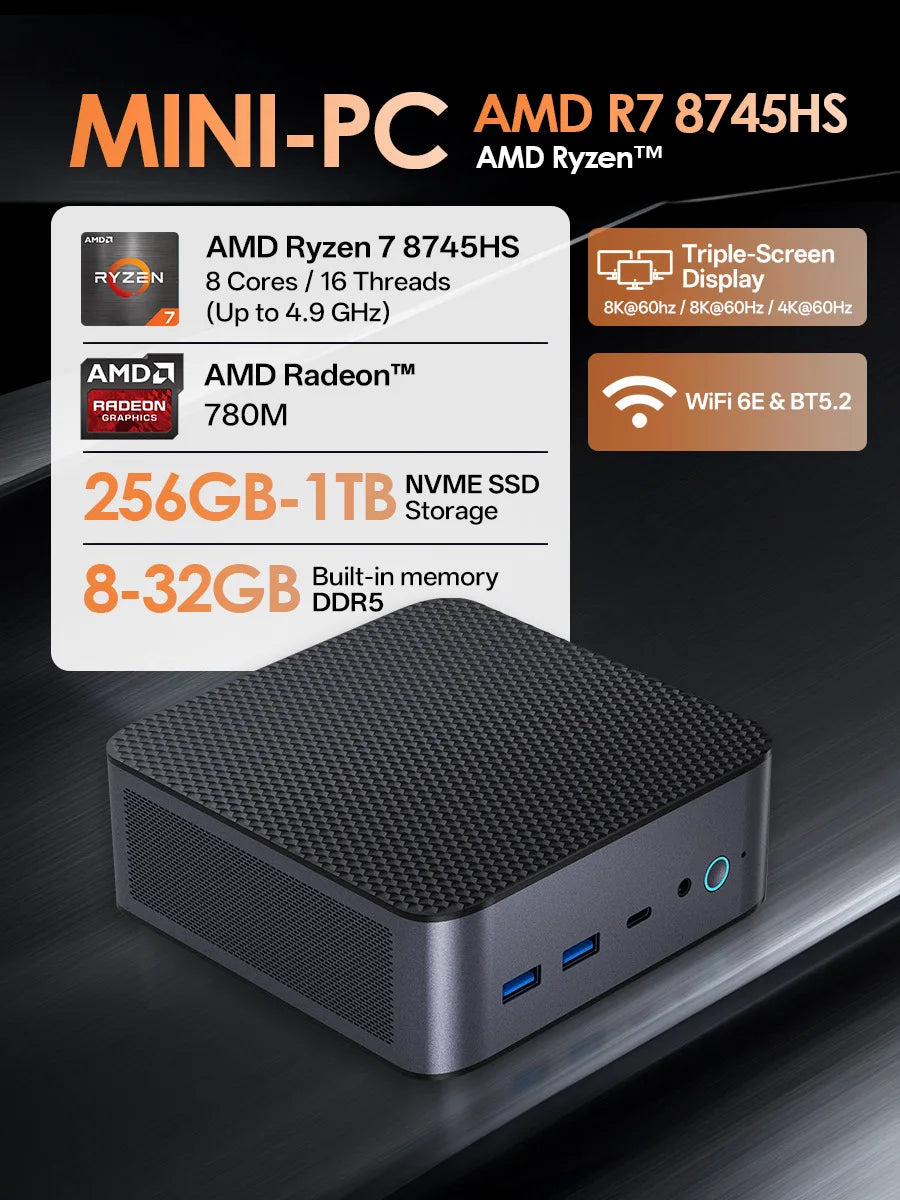 Mini PC Windows 11 Pro AMD Ryzen7 8745HS Mini Computer 32GB/64GB RAM DDR5 512GB/1TB PCIE M.2 SSD WiFi6 BT5.2 Small computer