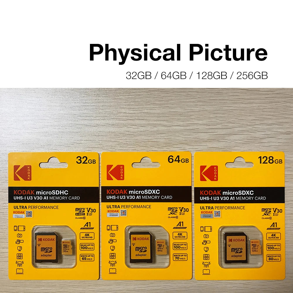 Original Kodak U3 micro sd card 32GB 64GB SDHC 128GB 256GB SDXC class 10 Flash Memory Card C10 microsd tf card with sd adapter