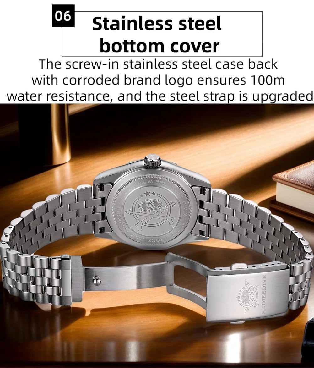 ADDIESDIVE 36mm Watch For Men BGW9 Luminous Jubilee Strap 100m Waterproof Sapphire Glass VH31 Movement Quartz Watch Reloj Hombre