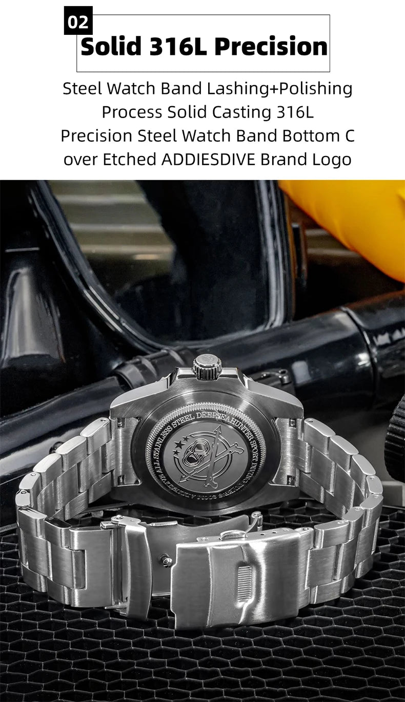 ADDIESDIVE AD2054 Stainless Steel Quartz Watch 200M Dive Watches Green Luminous Men's WristWatches Waterproof Relojes Masculino