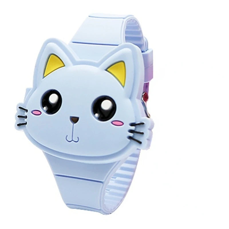 Fashion Kids Watch Cute Cat Shape LED Digital Watches for Girls Boys BPA Free Silicone Band Clamshell Design Children Wristwatch