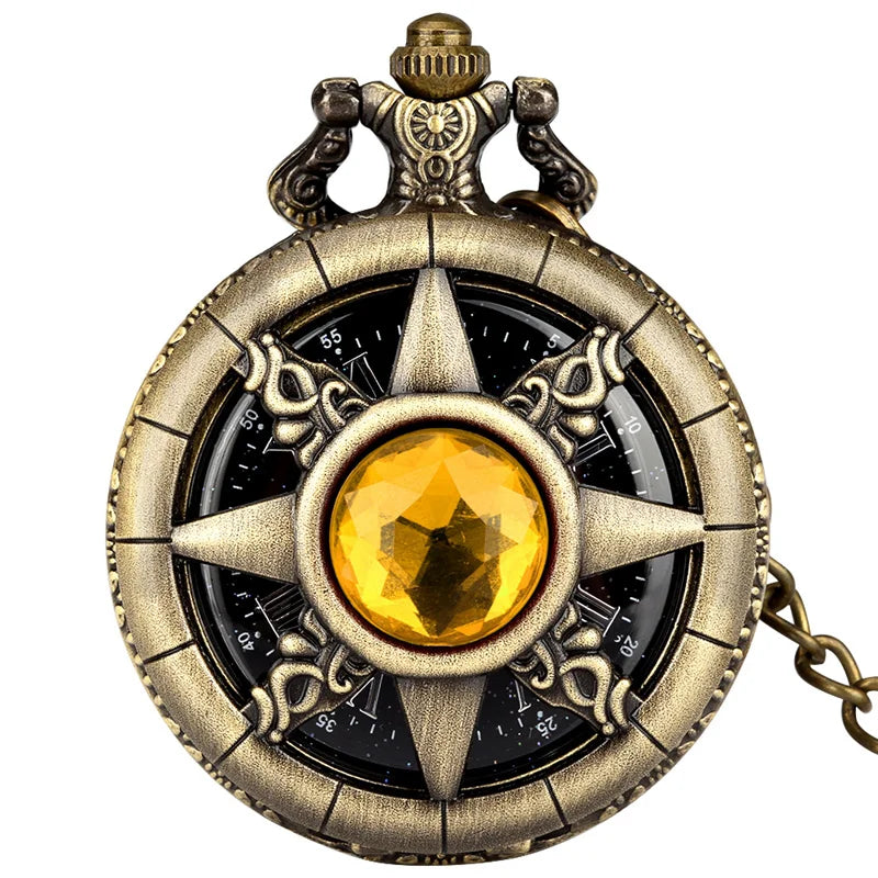 Exquisite Emerald-green Stone Bronze Case Quartz Pocket Watch Simple White Dial Chain Clock Necklace Pendant Watch for Men Women