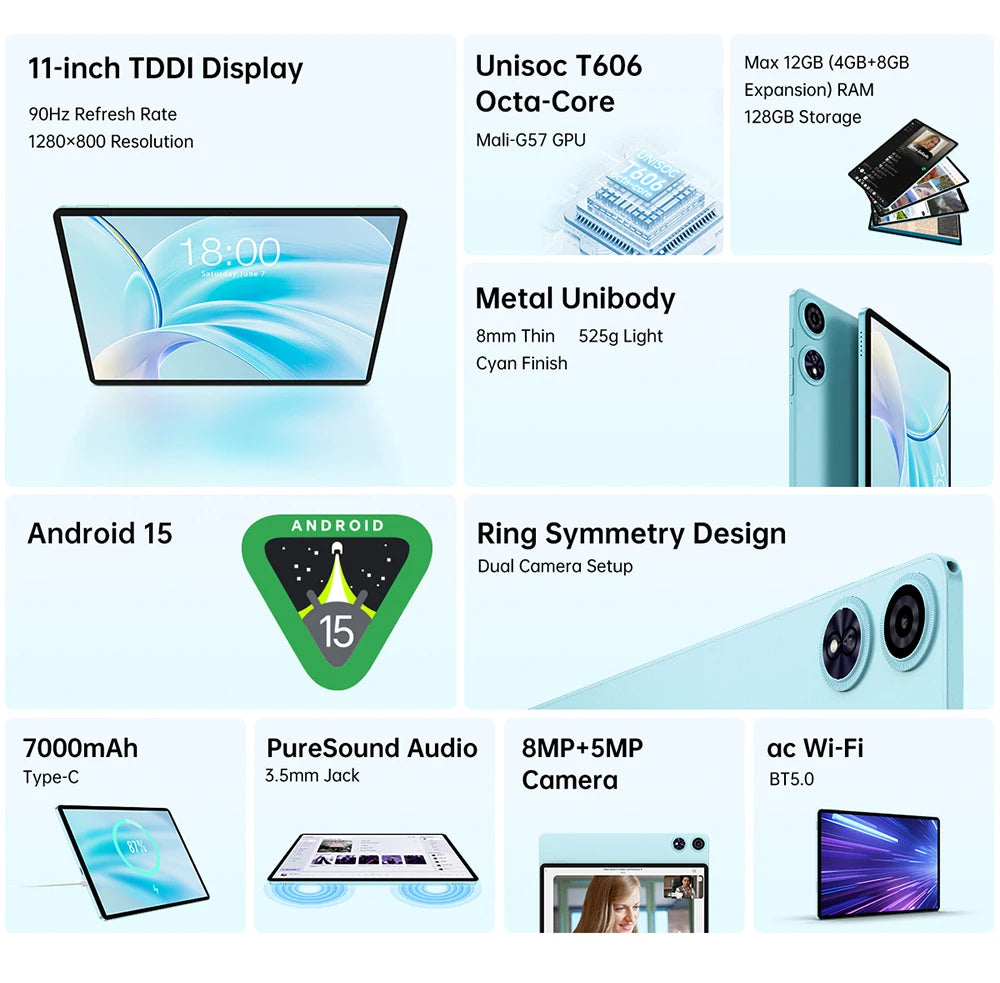 Teclast P50 Case Android 15 Tablet 11" 90Hz Max 12Gb (4Gb+8Gb Expansion) Ram 128 Gb Rom T606 8-Core Widevine L1 7000Mah Type-C