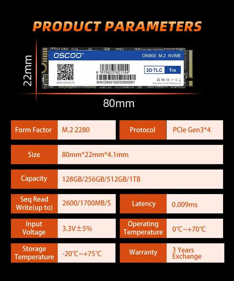 OSCOO SSD M.2 2280 NMVe PCIe Gen3.0x4 Internal SSD Solid State Drive 3D TLC NAND Flash 128GB 256GB 512GB 1TB PCIe Hard Disk SSD