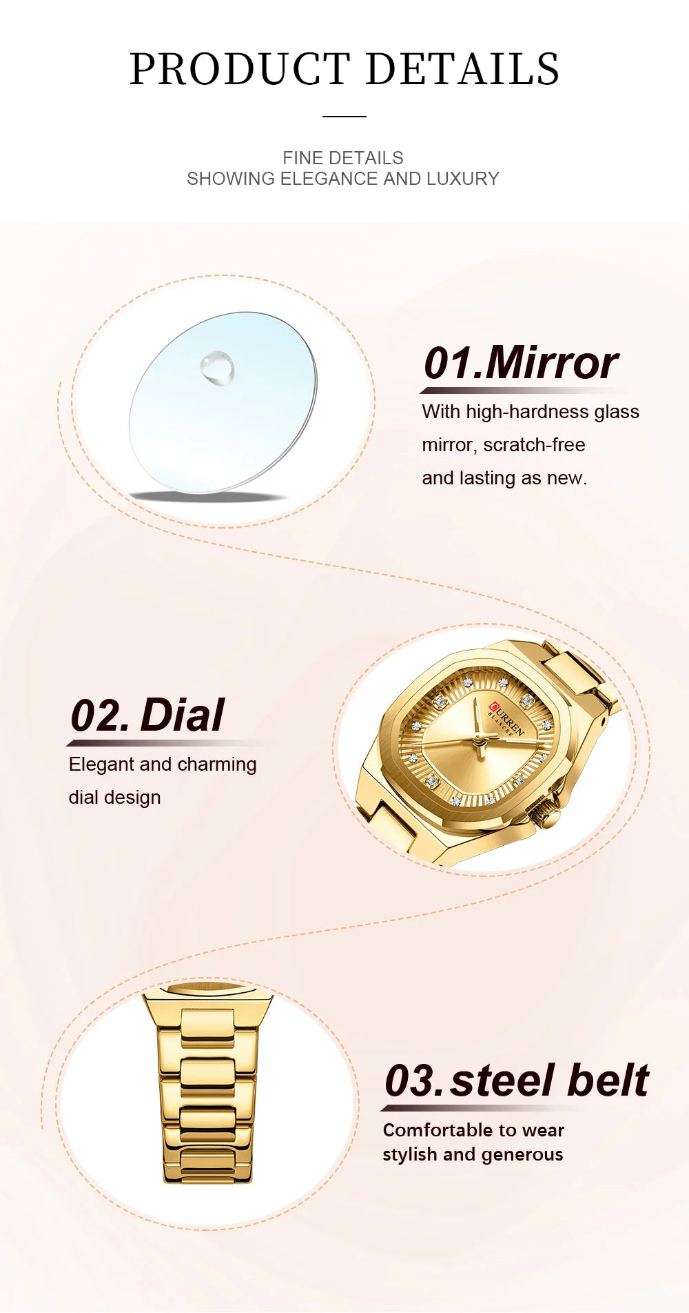 Curren Women Watch Luxury Fashion Quartz Crystal Waterproof Ladies Elegant Wristwatch Gifts For Girls