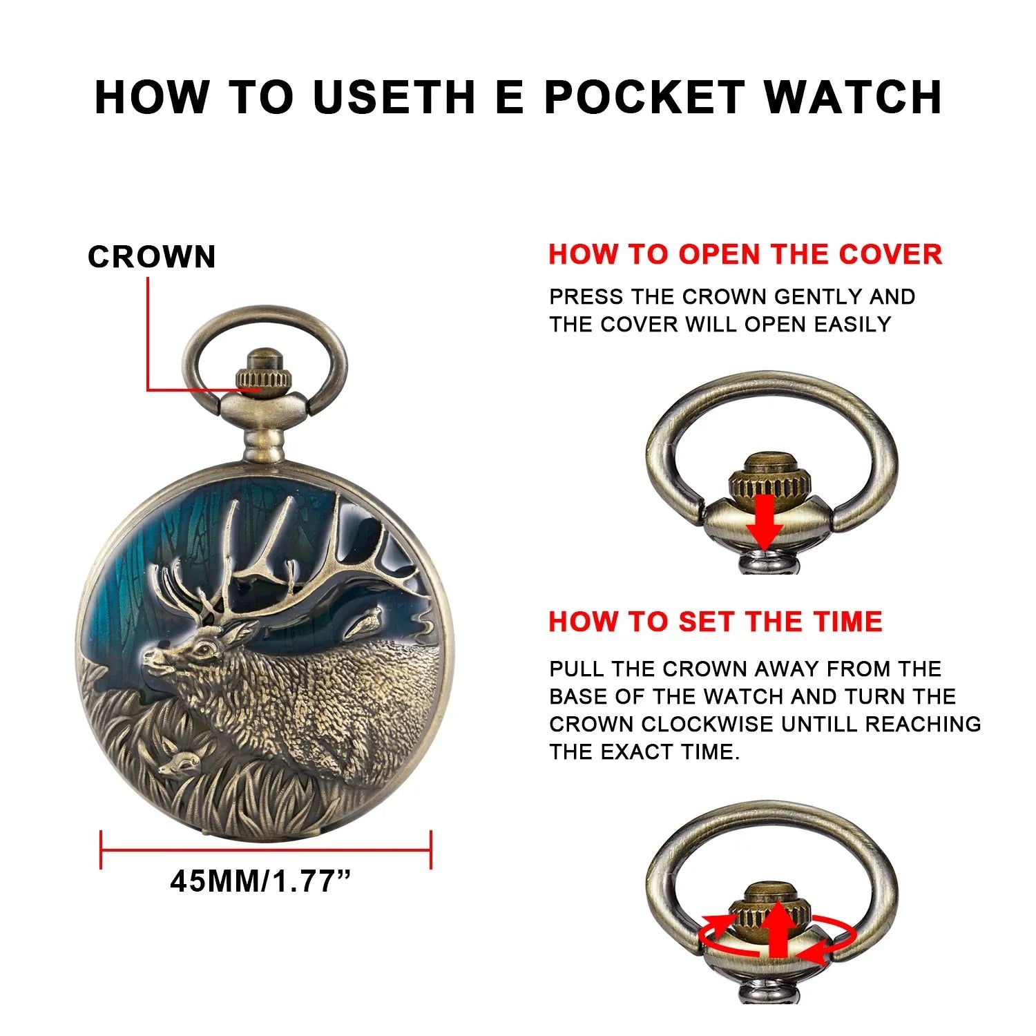 Exquisite Animal Reindeer Green/red Oil Painting Quartz Pocket Watch Vintage Pendant Bracelet Men's and Women's Clock Gifts