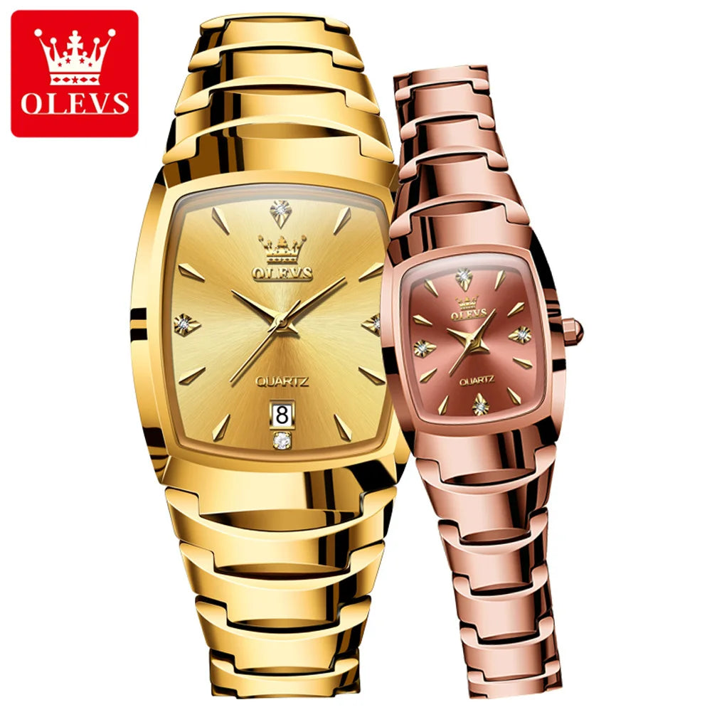 OLEVS 7006 Tonneau Tungsten Steel Couple Watch for Men Women Luxury Brand Quartz Lover's Watch His or Hers Waterproof Wristwatch